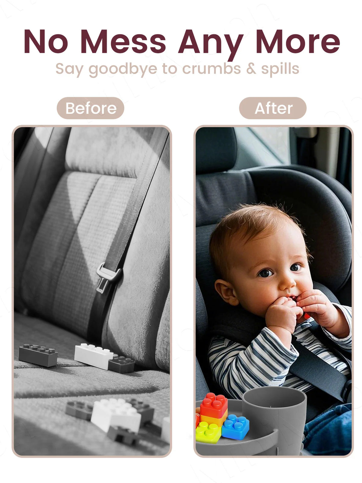 Before and after comparison showing a mess-free travel tray for car seats and strollers.