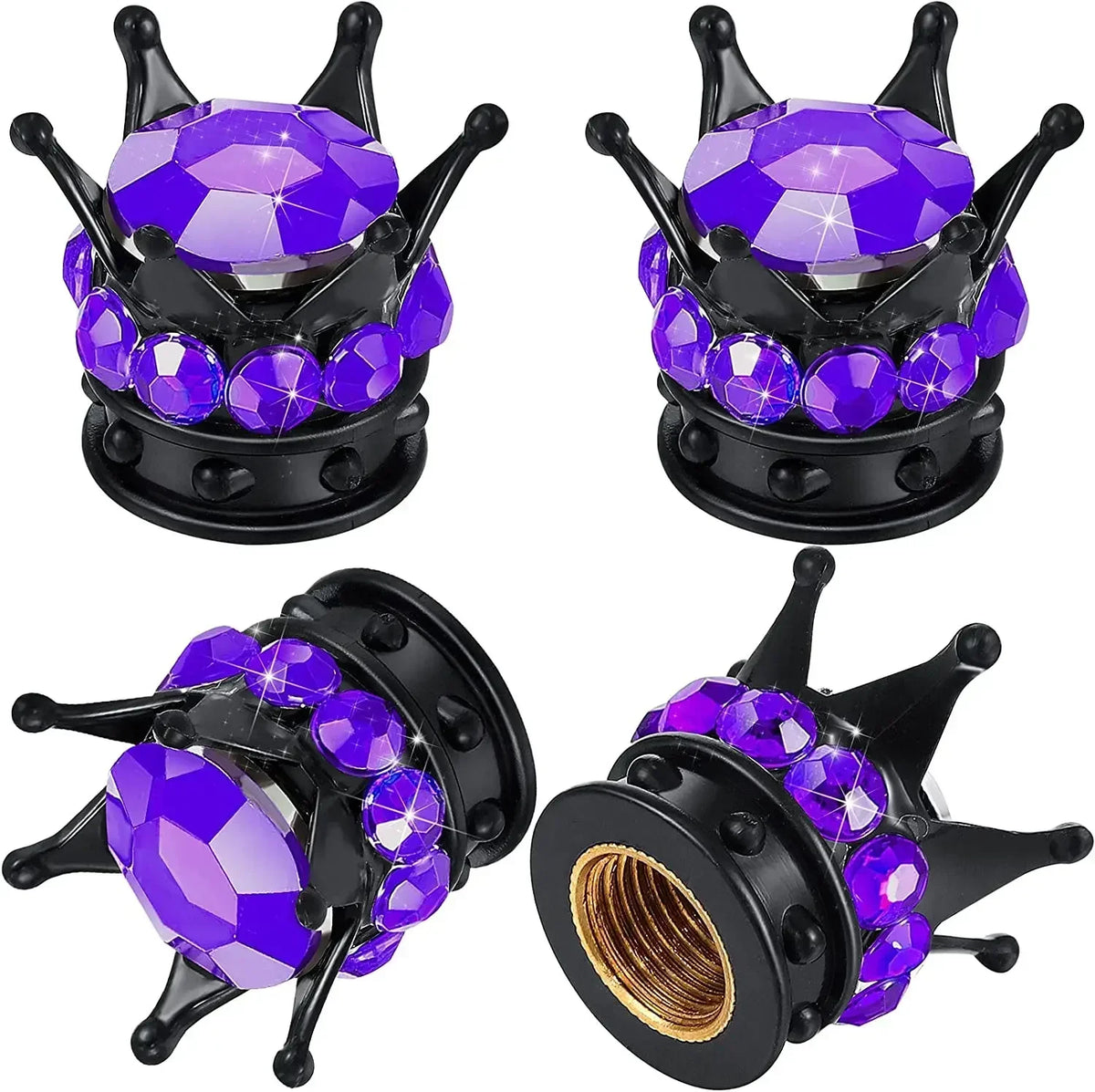 A set of black tire valve caps decorated with purple and blue rhinestones.