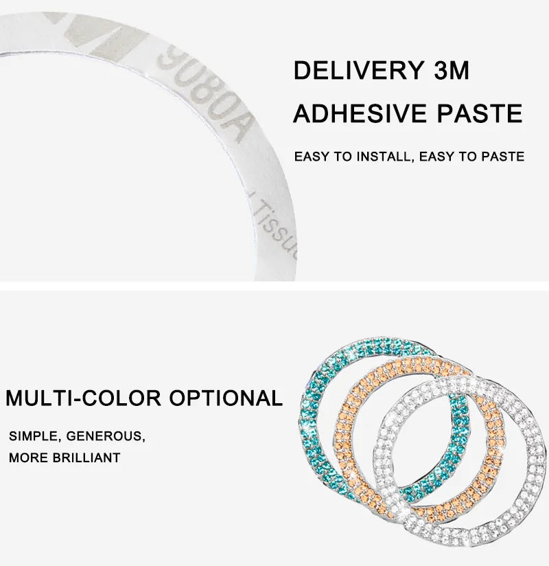 A silver car start button cover featuring a 3M adhesive paste and multi-color optional diamond rhinestones.