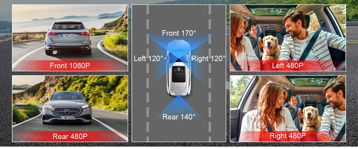 A 4-channel WiFi dash cam is shown with various camera angles including front, left, right, and rear views.