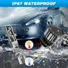Close-up of an IP67 waterproof LED car headlight bulb being tested in water, showing temperature resistance.