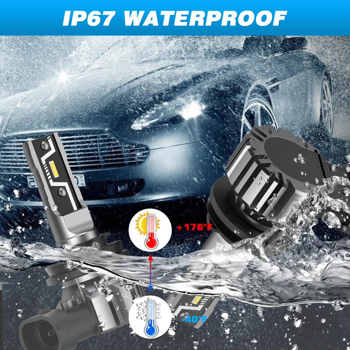 Close-up of an IP67 waterproof LED car headlight bulb being tested in water, showing temperature resistance.