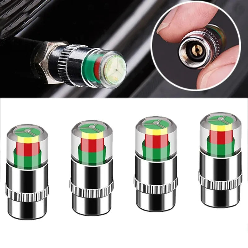 Quatre bouchons de valve argentés pour manomètres de pression de pneus de voiture, montrés sous différents angles
