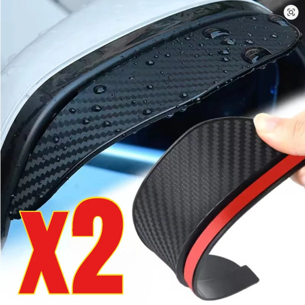 Two black carbon fiber rain shields designed for car rearview mirrors.