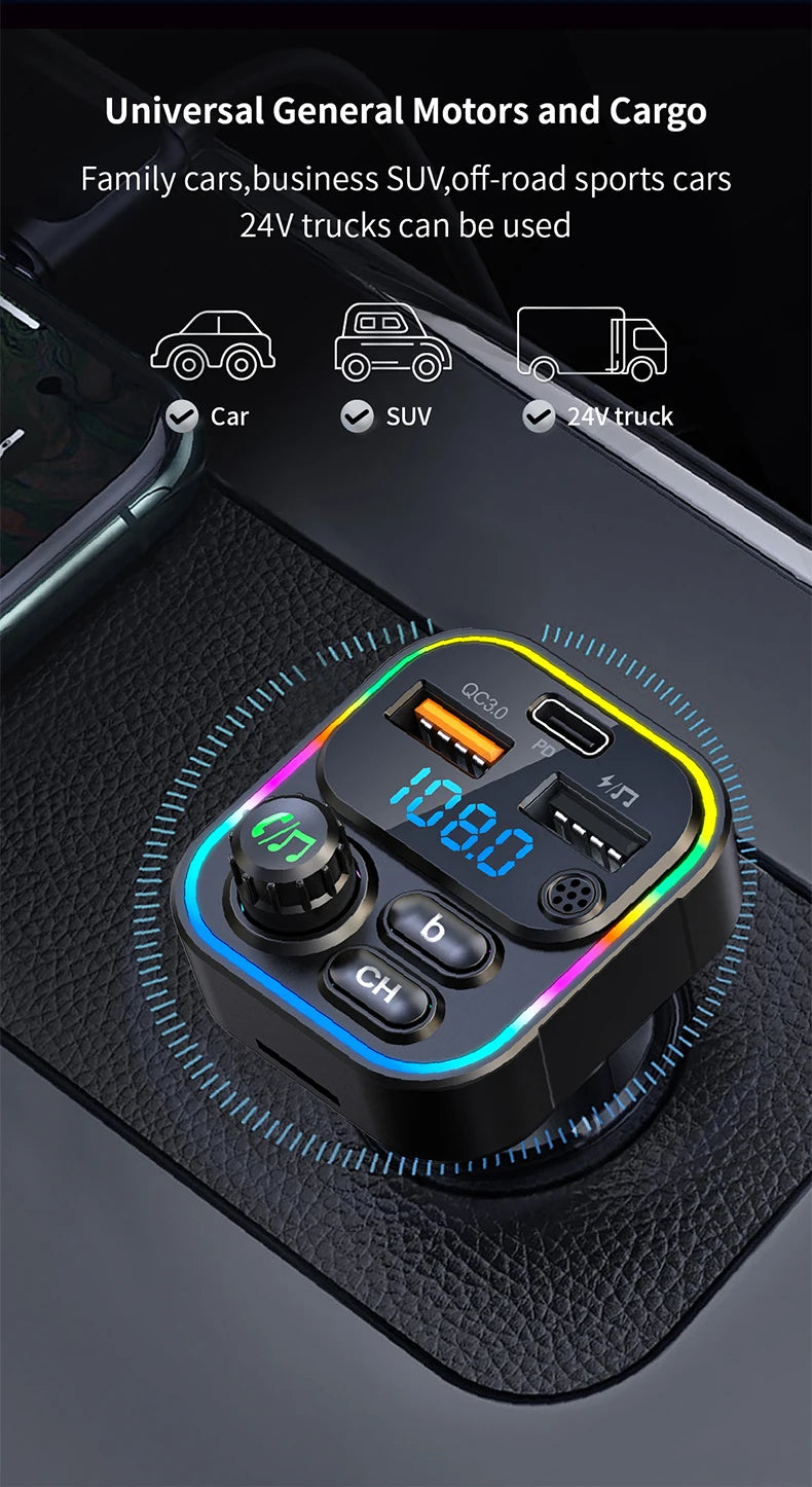 A portable Bluetooth FM transmitter device with a digital display and buttons is shown on a dark surface.