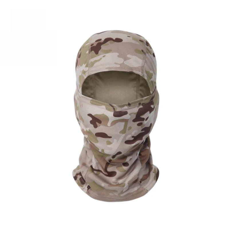 A camouflage patterned stretchy balaclava cap worn on a head.