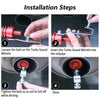 Installation steps showing how to mount a turbo sound whistle onto a car tailpipe.