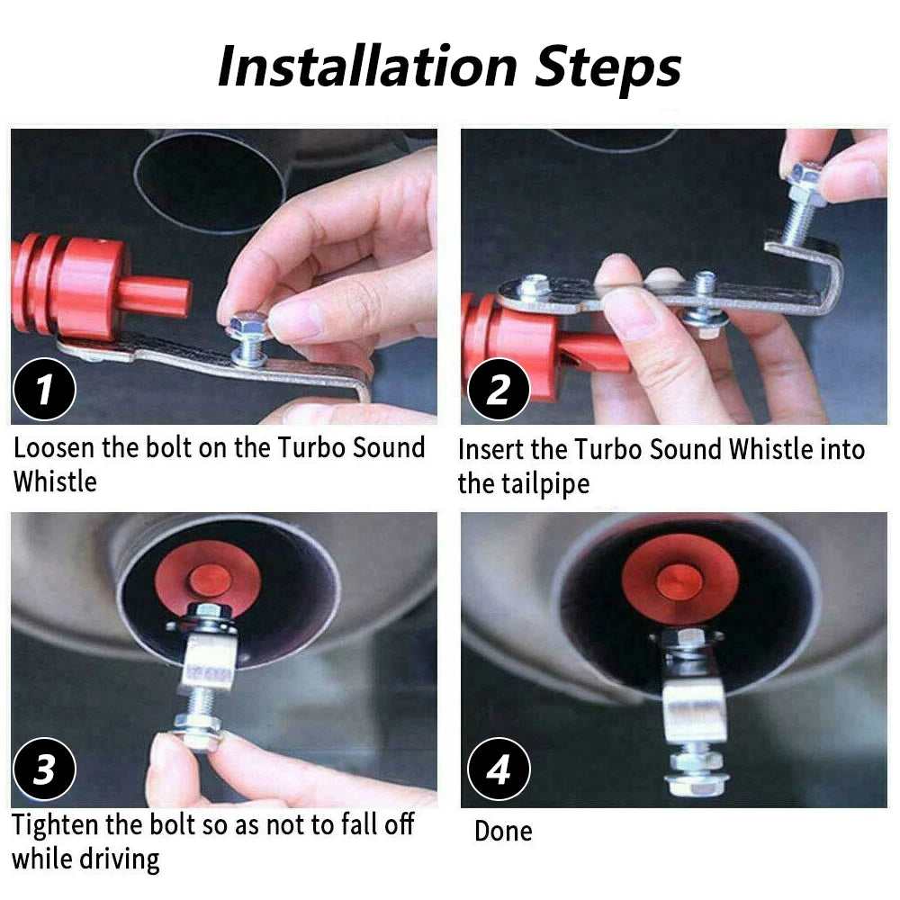 Installation steps showing how to mount a turbo sound whistle onto a car tailpipe.