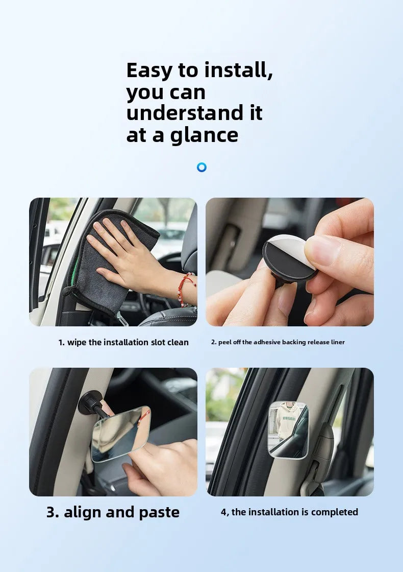 Step-by-step guide showing how to install a 360° adjustable car reverse mirror for blind spot assistance.