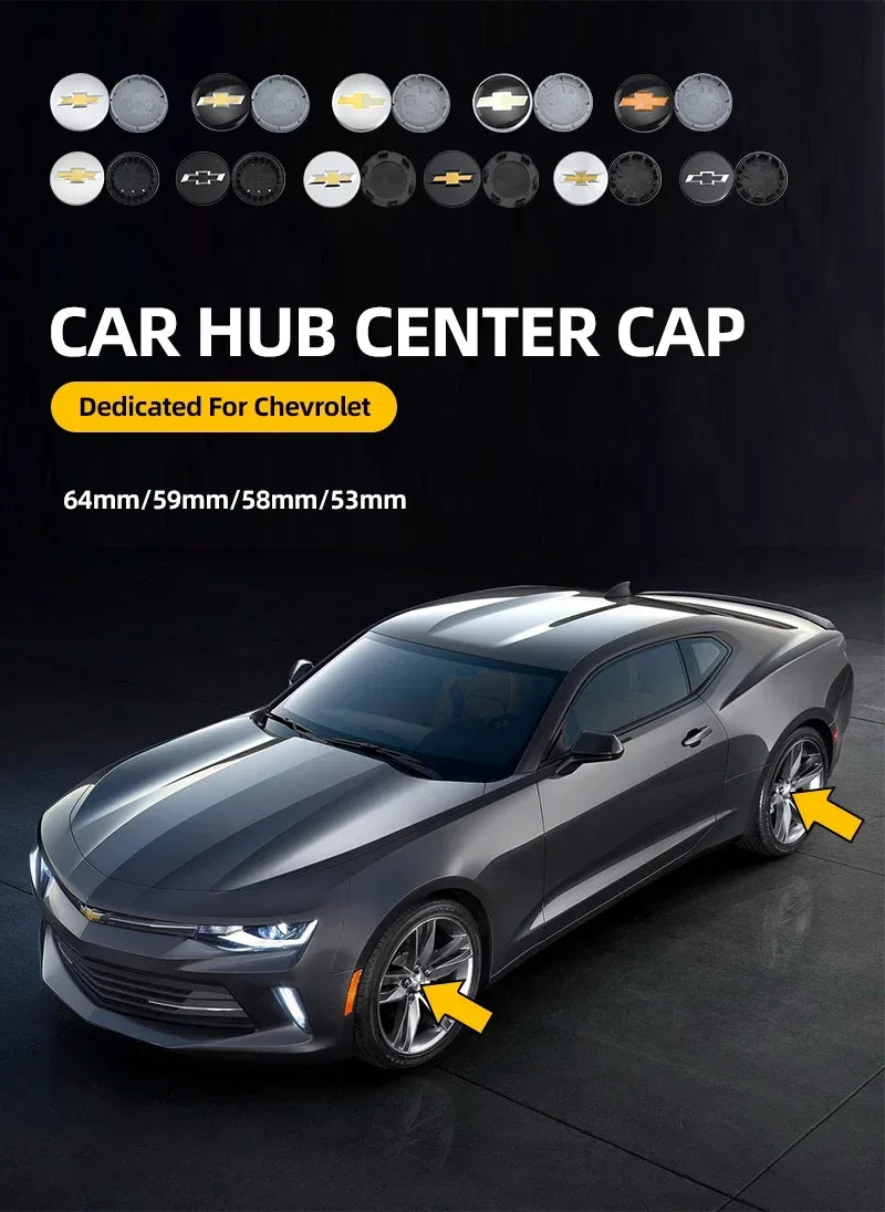 A close-up of a gray Chevrolet Camaro car featuring various decorative hub center caps for rim accessories.