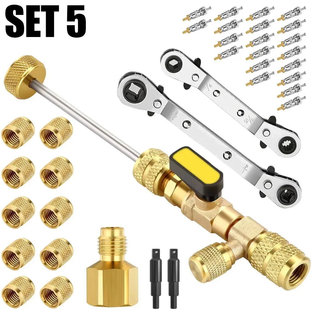 Kit con 5 piezas de herramientas para quitar el núcleo de válvulas HVAC de doble tamaño.