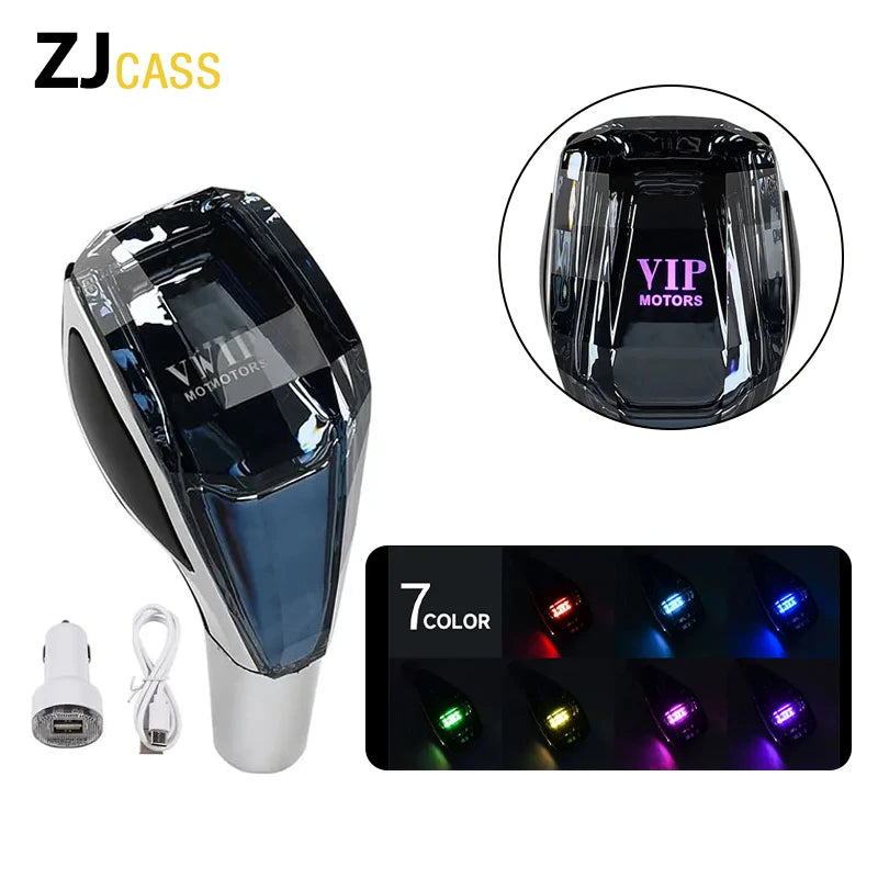 A clear plastic gear shift knob with an LED light, shown alongside various color options.