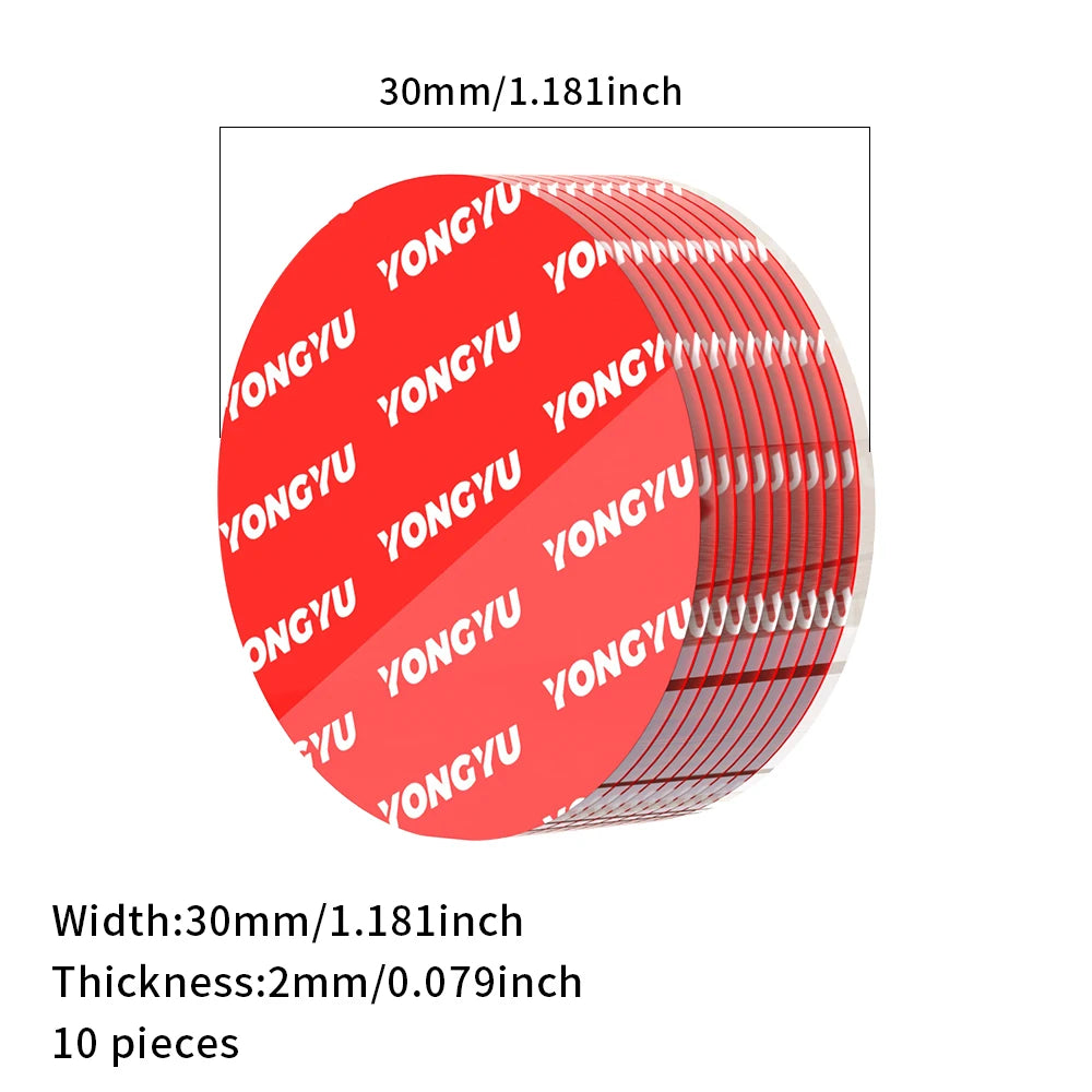 A circular red adhesive pad with the text YONGYU printed on it, shown next to its dimensions.