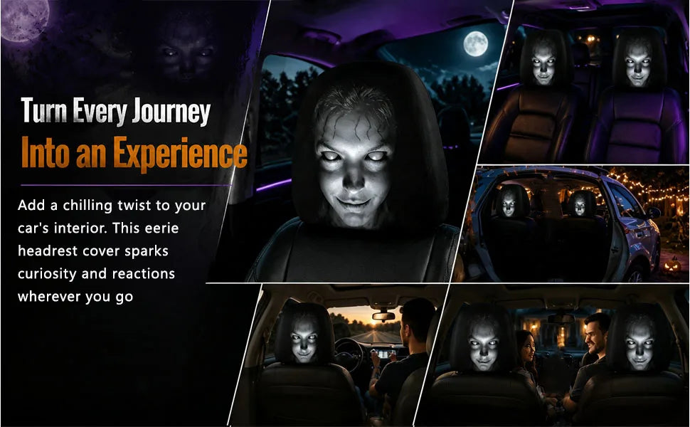Imagen promocional de personas en asientos de coche con fundas para la cabeza de Ghost Face, enfatizando un giro escalofriant