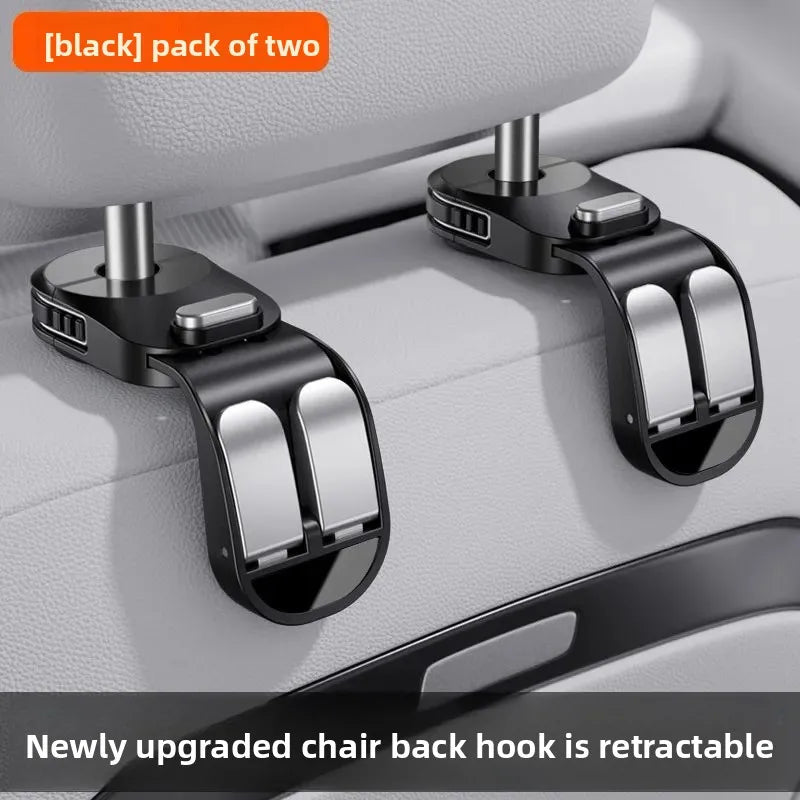 Black pack of two retractable chair back hooks for car seats