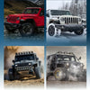Three images of rugged Jeep vehicles equipped with off-road lighting and tires.