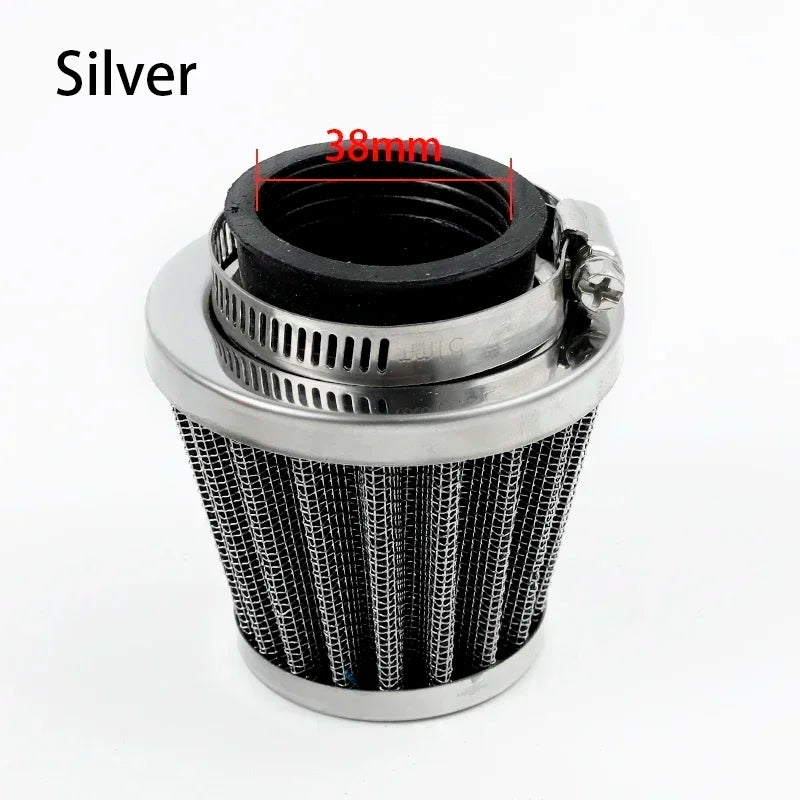 Filtre d'air universel pour moto argenté avec boîtier noir et élément filtre maillé visible.
