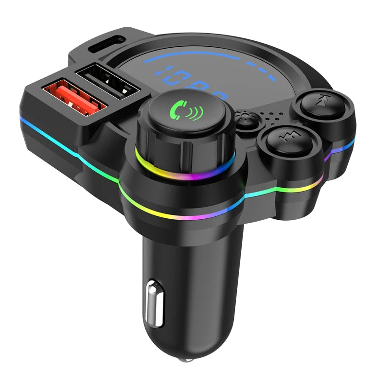A black multi-function car charger with a digital display, Bluetooth capability, and various buttons.
