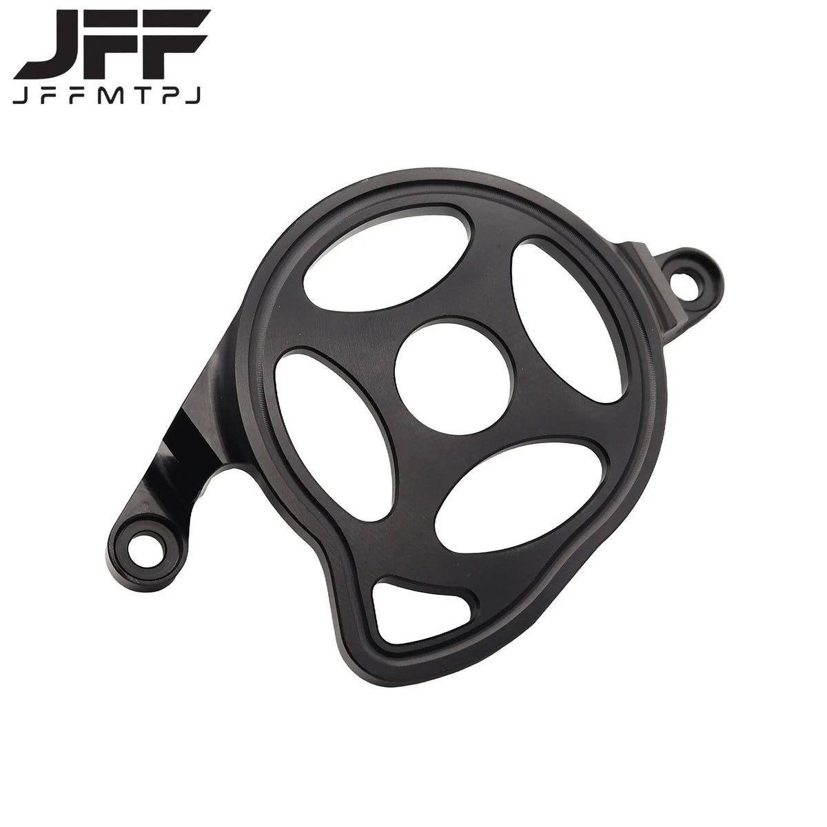 Black motorcycle engine case protector cover with multiple circular openings