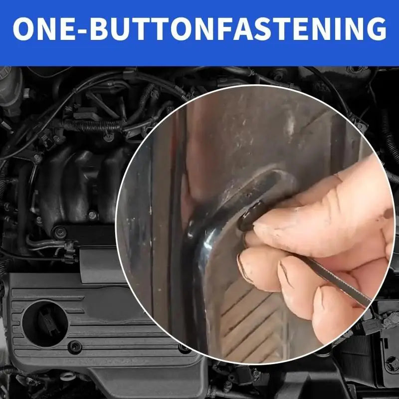 Close-up of a hand using a one-button fastening mechanism on an automotive part.
