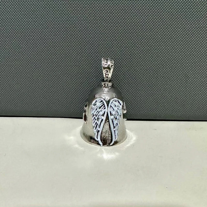 Silver angel guardian riding bell featuring detailed wings for motorcycles and bicycles