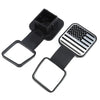 Black universal trailer hitch cover with a rectangular design featuring an American flag pattern.