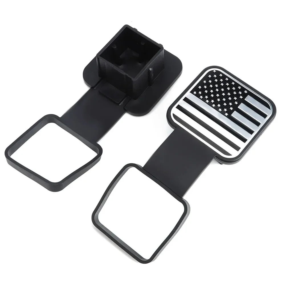 Black universal trailer hitch cover with a rectangular design featuring an American flag pattern.
