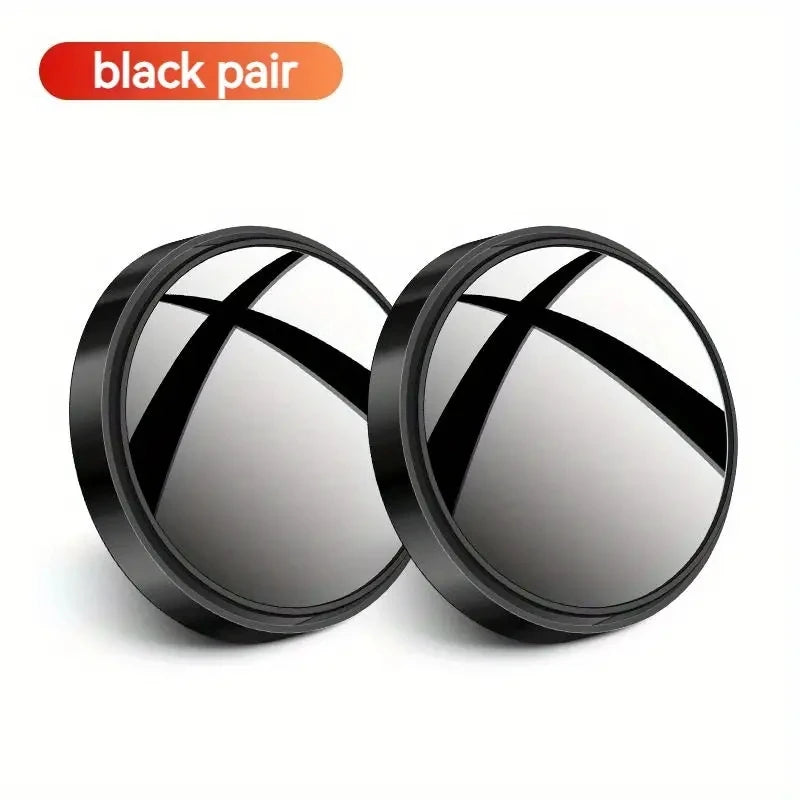 A pair of black 360° adjustable blind spot mirrors shown in a product photo.