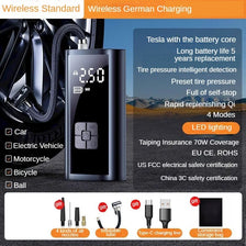 A portable tire inflator air compressor device with various accessories shown against a dark background.
