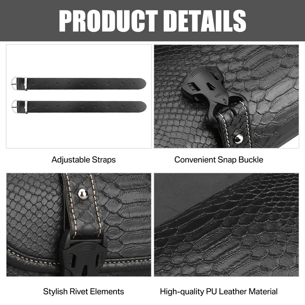 Details der PU-Leder-Motorrad-Satteltaschen mit verstellbaren Riemen, Schnallen und Nieten aus Leder