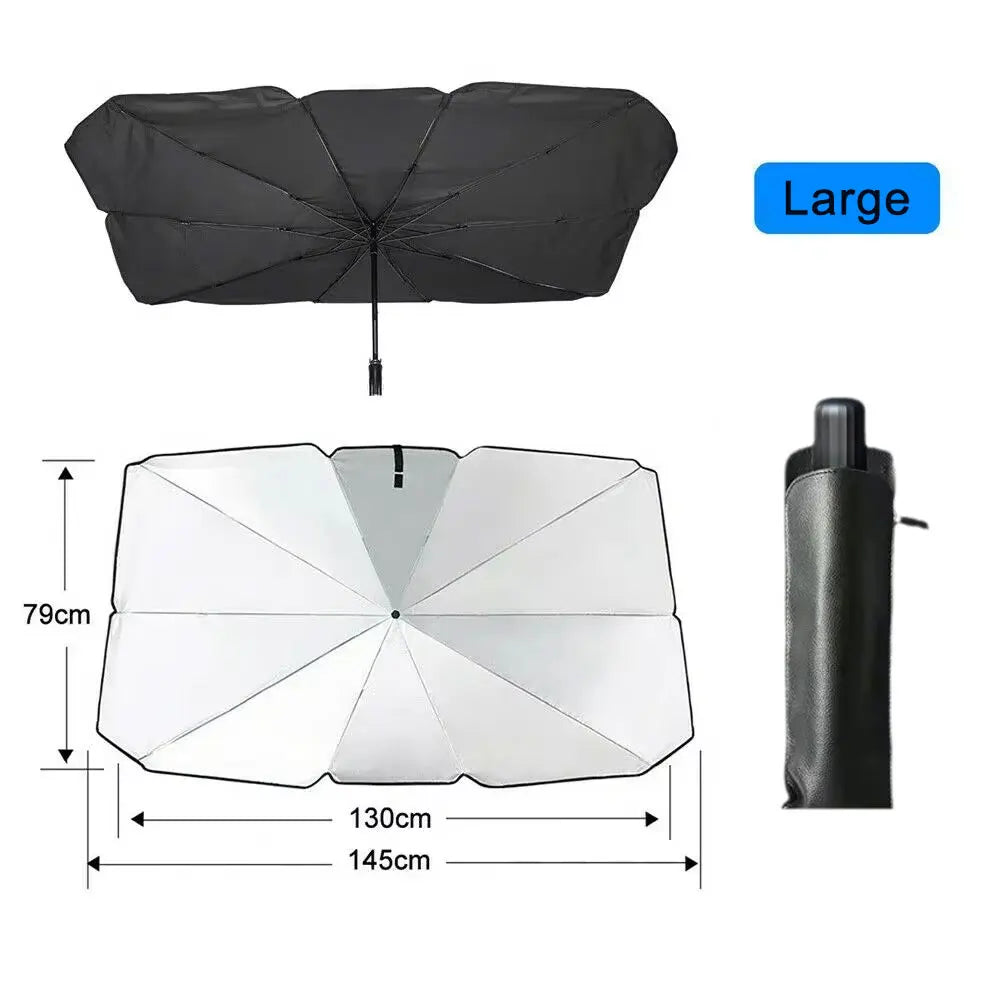 Large black portable car sun shade umbrella with a silver reflective surface