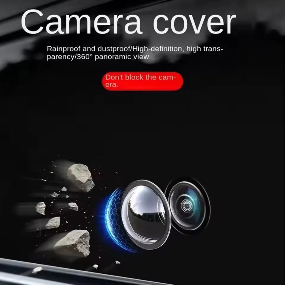 A camera cover protector for a car camera lens, showing a panoramic view and protection features.