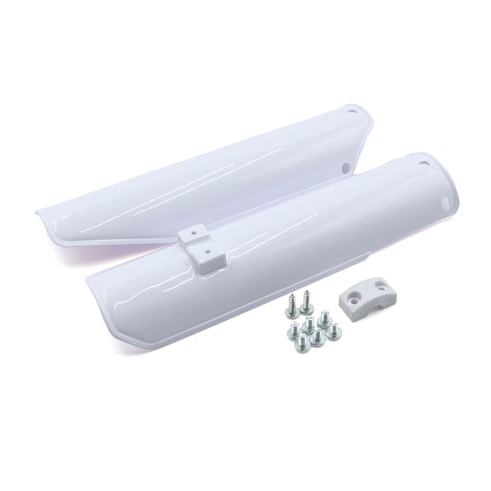 White motorcycle front fork guard kit consisting of two elongated plastic guards and mounting hardware