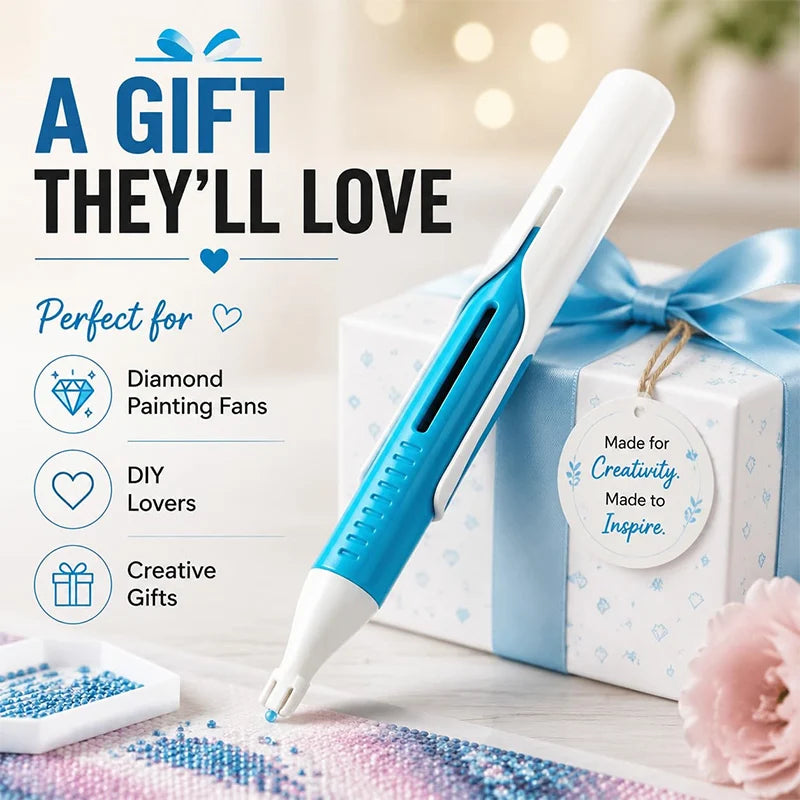 A white and blue precision diamond painting pen is shown next to a gift box, suitable for DIY lovers and creative gifts.