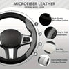 A black microfiber leather steering wheel cover shown with detailed close-ups highlighting its quality, grip, and durability 
