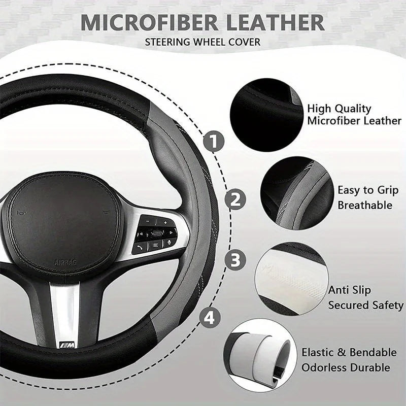 A black microfiber leather steering wheel cover shown with detailed close-ups highlighting its quality, grip, and durability 