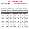 A table listing specifications for 1007 Electronic Wire, including size, conductor number, current, voltage, and packing deta