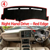 A dashboard cover with a red edge is shown in the context of a Chevrolet Silverado interior.