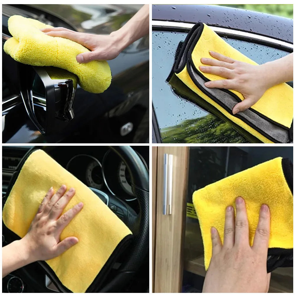 Hands are using yellow microfiber car washing towels to clean a car's exterior and interior.