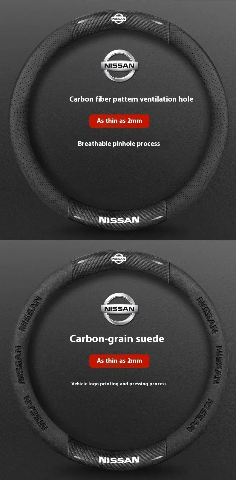 A black carbon fiber steering wheel cover featuring a ventilation hole and carbon-grain suede texture.