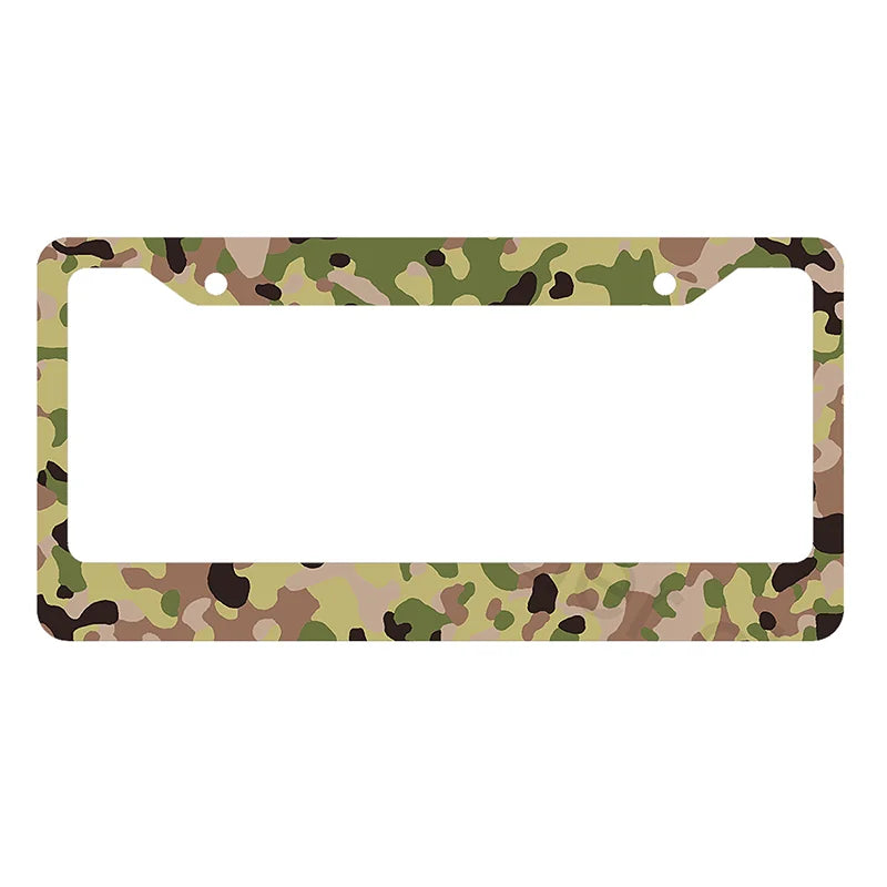 A rectangular license plate cover with a camouflage pattern.