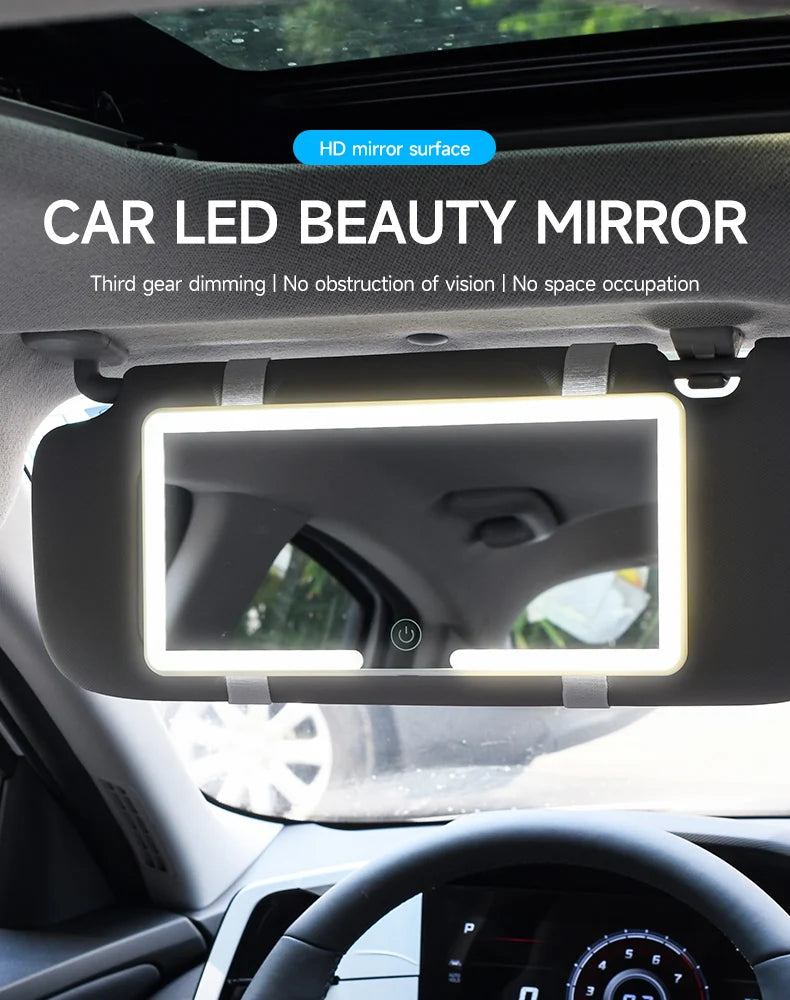 A car LED beauty mirror is installed in the rearview mirror mount, showing a bright rectangular light.