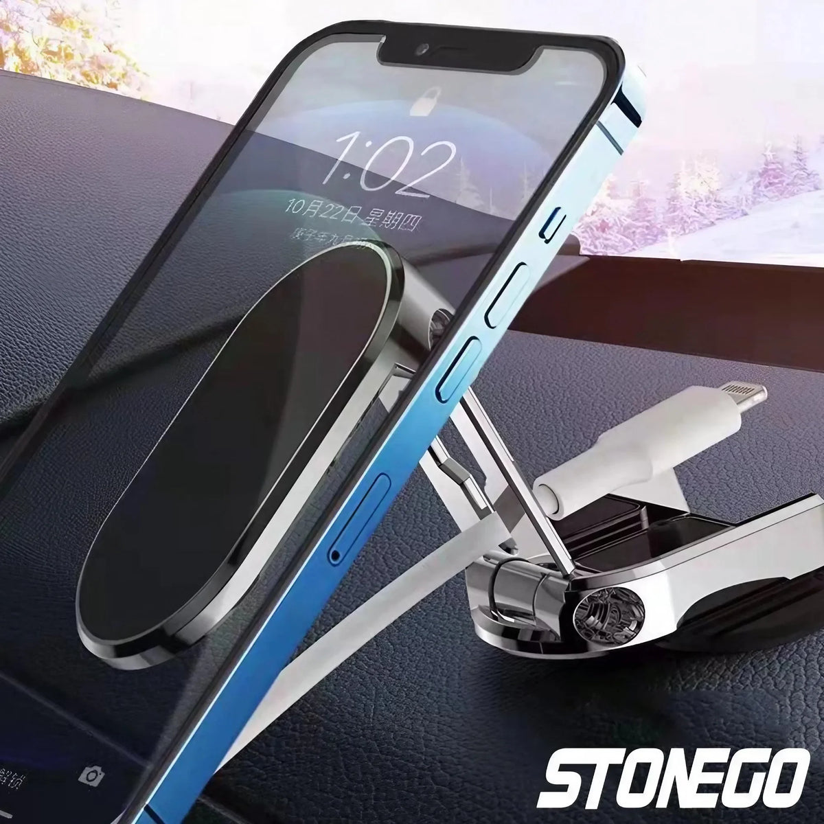 Un support magnétique lourd pour téléphone fixé à un iPhone, posé sur une surface sombre.