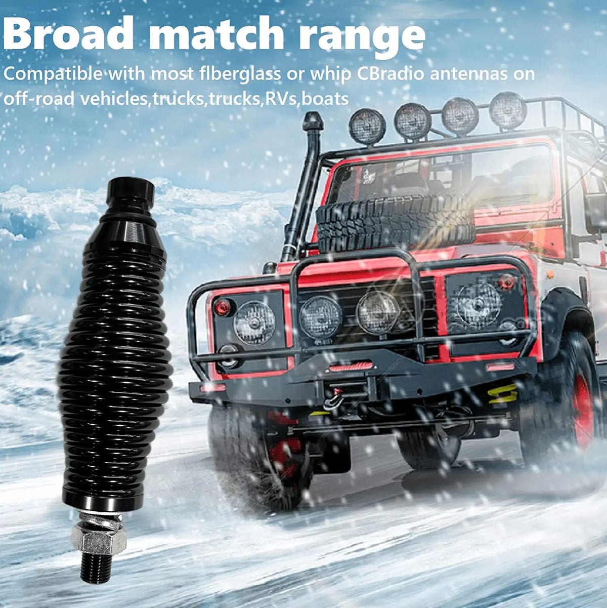 A black strobe light whip antenna is shown next to a red off-road vehicle with a light bar mounted on the roof.