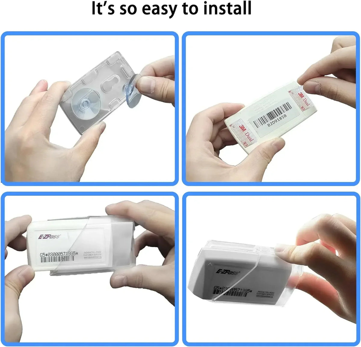 Hands installing an EZ Pass holder for the windshield using suction cups and a card.