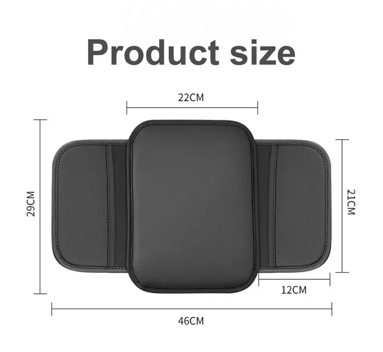 A black car armrest storage organizer pad with dimensions 29cm x 46cm.