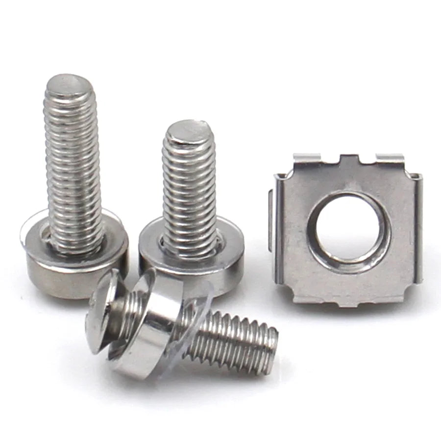 A set of 304 stainless steel cage nuts and machine screws, including threaded bolts and square nuts.