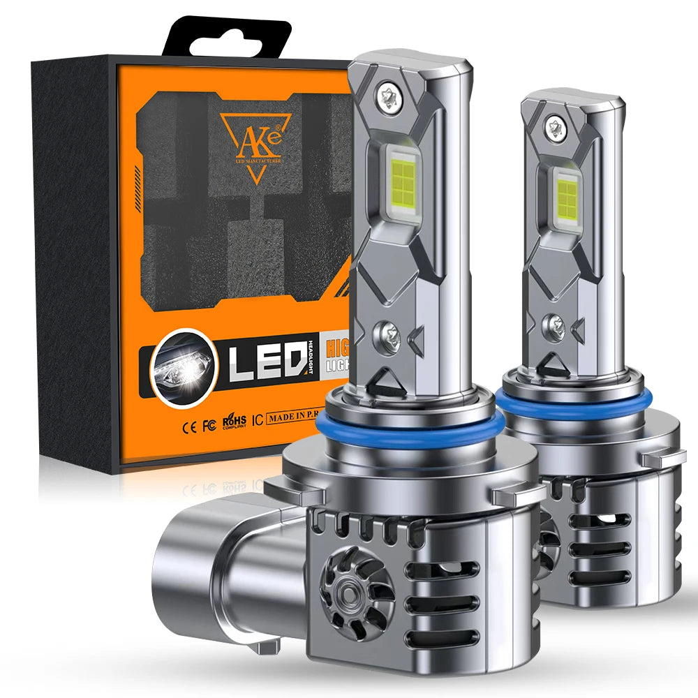 A pair of high-performance LED car headlight bulbs and their packaging box.