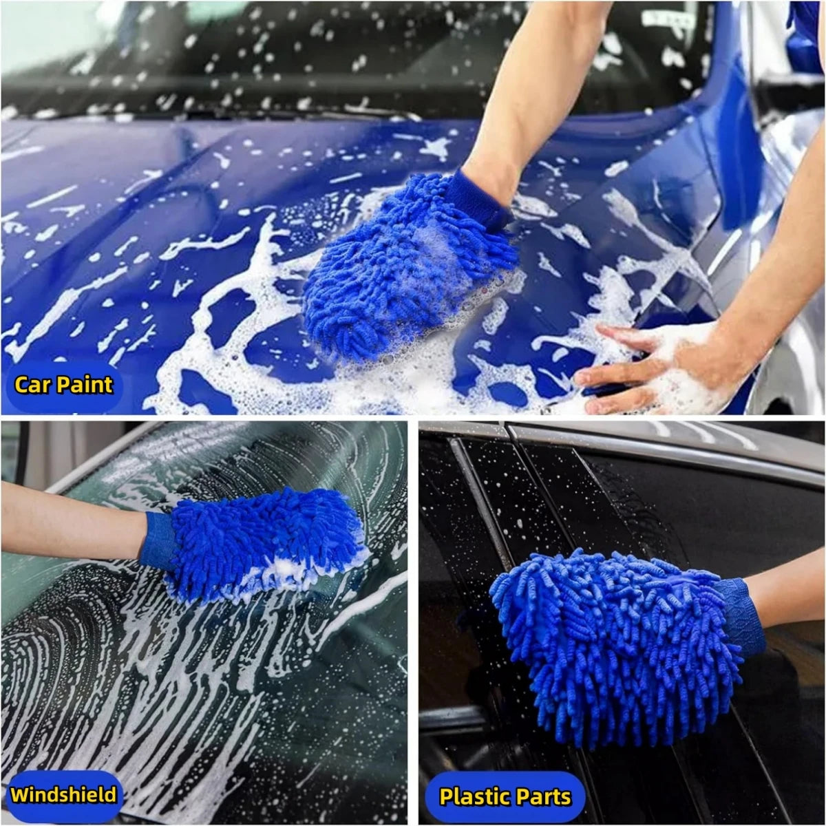 Blue microfiber mitts cleaning car paint, windshield, and plastic parts.