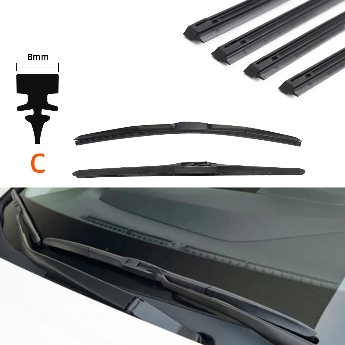 Black wiper blade refill rubber strips and a replacement wiper blade component shown for automotive use